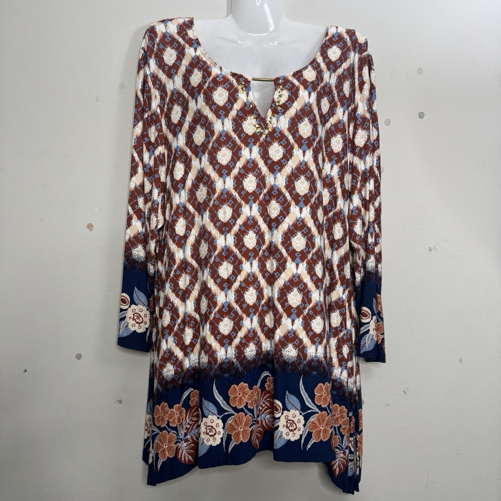 Ruby Road Floral Tunic Womens Size XL Brown Gold Boho Comfy Bell Sleeve